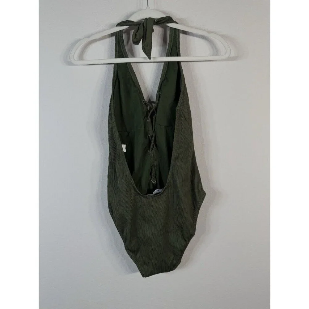 Miss Lola Women’s Olive Green Lace up Halter One Piece Swimsuit Size Large Beach
